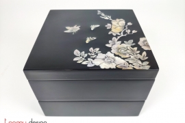 2 tier square box with mother of pearl flowers and butterflies 18cm 